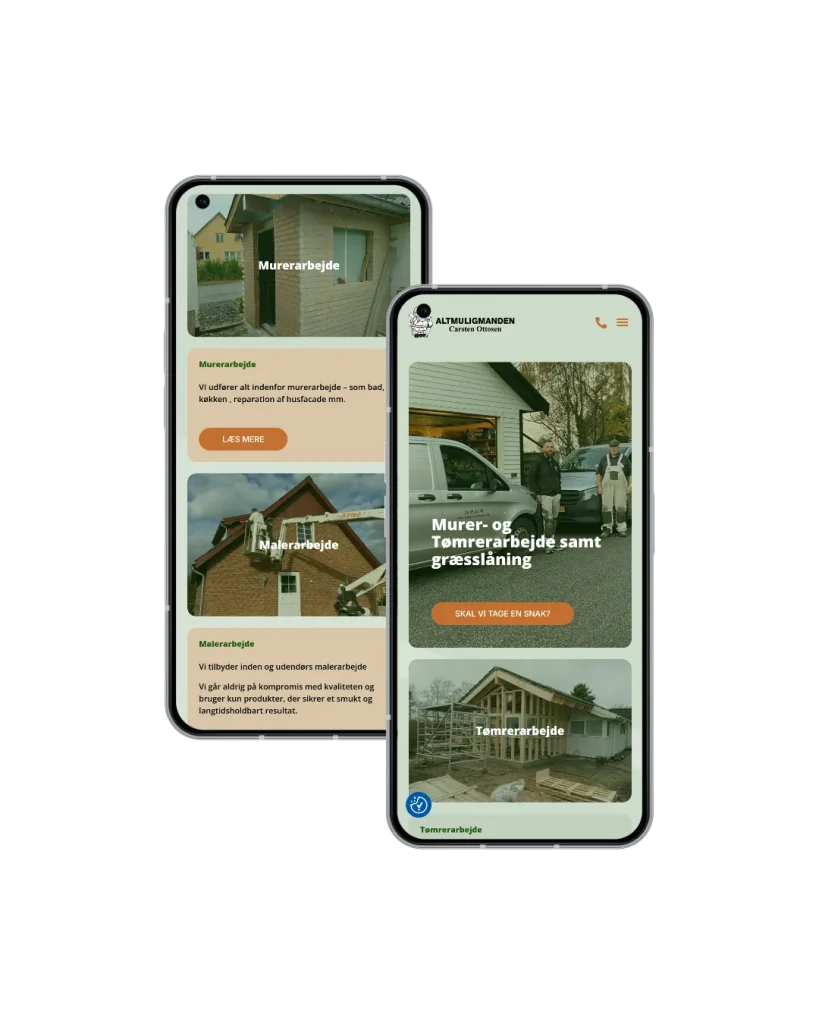 To smartphones viser murerarbejde og tømrerarbejde websider.